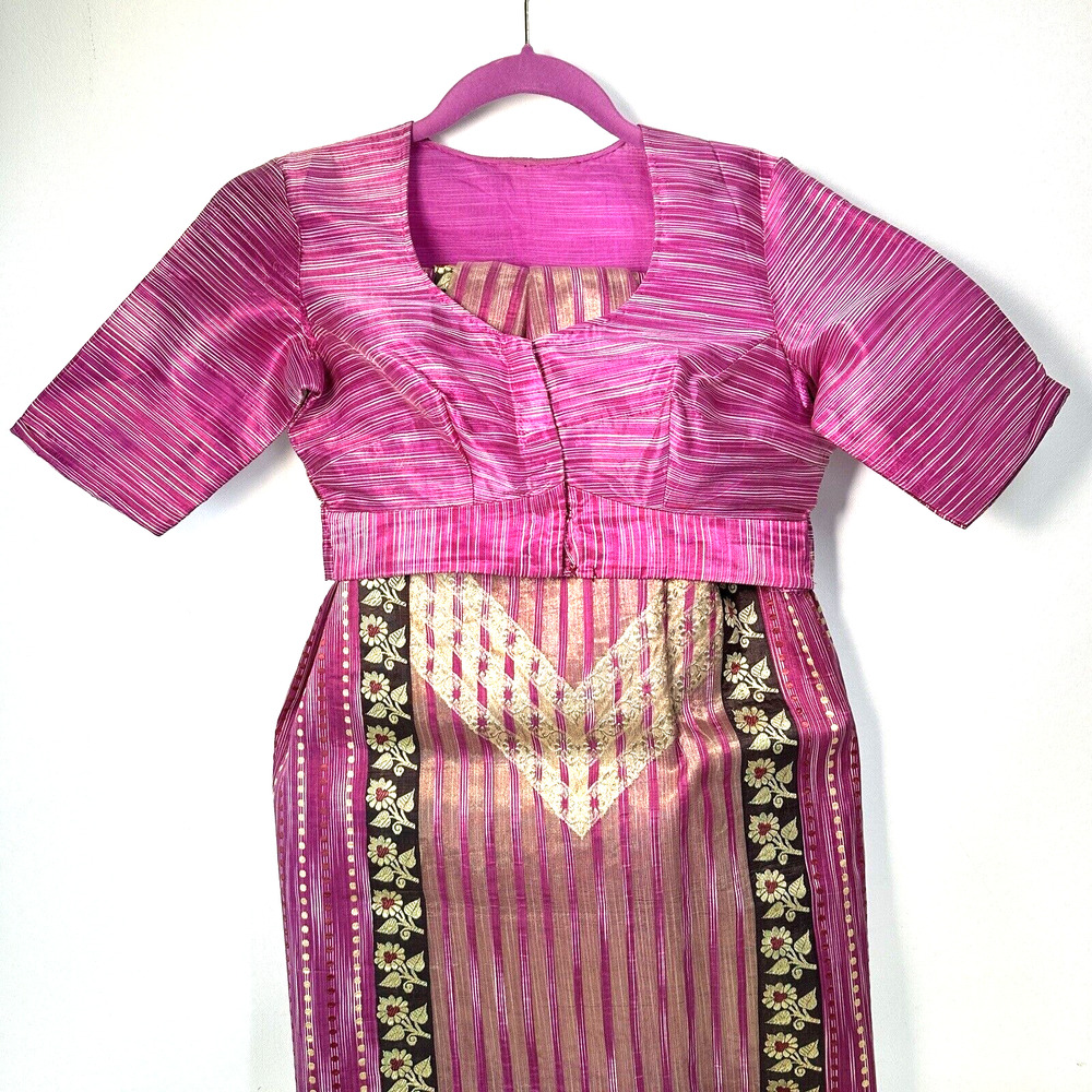 Vtg Indian Saree Choli Dress Top Set M Silk Gold Floral Pallu Edge